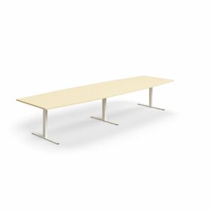 Jednací stůl QBUS, T-nohy, 4000x1200 mm, tvar člunu, bílá podnož, bříza