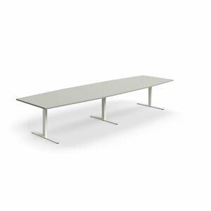 Jednací stůl QBUS, T-nohy, 4000x1200 mm, tvar člunu, bílá podnož, světle šedá
