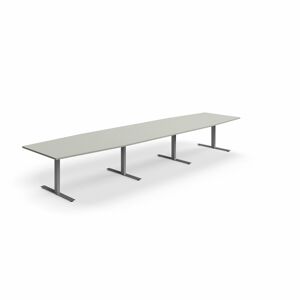 Jednací stůl QBUS, T-nohy, 4800x1200 mm, tvar člunu, stříbrná podnož, světle šedá