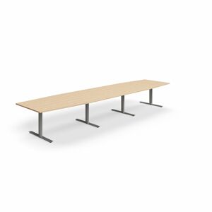 Jednací stůl QBUS, T-nohy, 4800x1200 mm, tvar člunu, stříbrná podnož, dub
