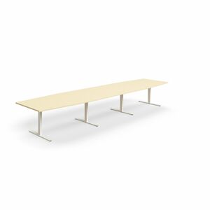 Jednací stůl QBUS, T-nohy, 4800x1200 mm, tvar člunu, bílá podnož, bříza