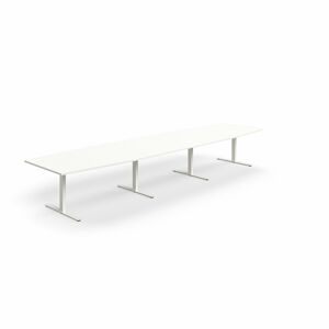 Jednací stůl QBUS, T-nohy, 4800x1200 mm, tvar člunu, bílá podnož, bílá