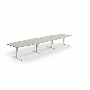 Jednací stůl QBUS, T-nohy, 4800x1200 mm, tvar člunu, bílá podnož, světle šedá