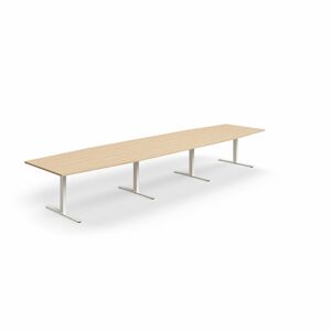 Jednací stůl QBUS, T-nohy, 4800x1200 mm, tvar člunu, bílá podnož, dub