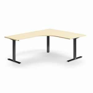Rohový psací stůl QBUS, T-nohy, 1600x2000 mm, černá podnož, bříza