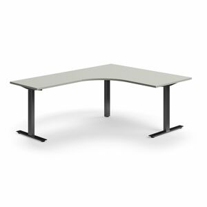 Rohový psací stůl QBUS, T-nohy, 1600x2000 mm, černá podnož, světle šedá