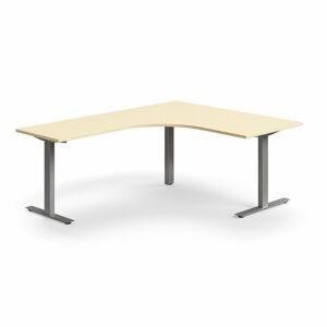 Rohový psací stůl QBUS, T-nohy, 1600x2000 mm, stříbrná podnož, bříza