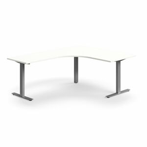 Rohový psací stůl QBUS, T-nohy, 1600x2000 mm, stříbrná podnož, bílá