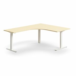 Rohový psací stůl QBUS, T-nohy, 1600x2000 mm, bílá podnož, bříza