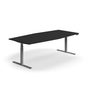 Jednací stůl QBUS, výškově nastavitelný, 2400x1200 mm, tvar člunu, stříbrná podnož, černá