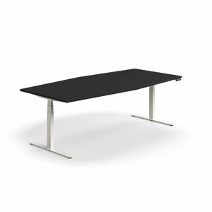 Jednací stůl QBUS, výškově nastavitelný, 2400x1200 mm, tvar člunu, bílá podnož, černá
