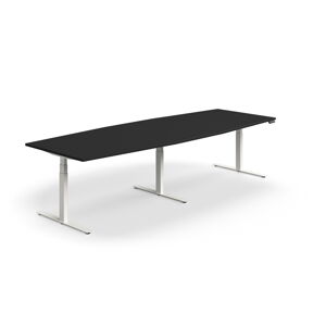 Jednací stůl QBUS, výškově nastavitelný, 3200x1200 mm, tvar člunu, bílá podnož, černá