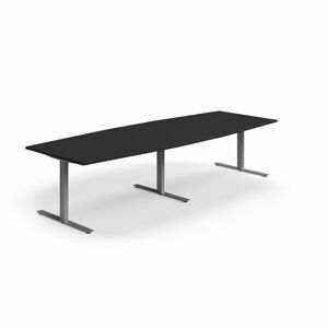 Jednací stůl QBUS, T-nohy, 3200x1200 mm, tvar člunu, stříbrná podnož, černá