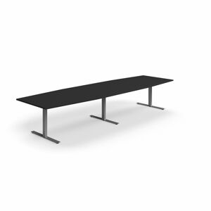 Jednací stůl QBUS, T-nohy, 4000x1200 mm, tvar člunu, stříbrná podnož, černá