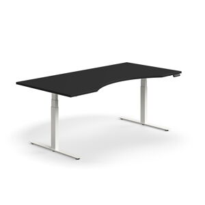 Výškově nastavitelný stůl QBUS, vykrojený, 2000x1000 mm, bílá podnož, černá