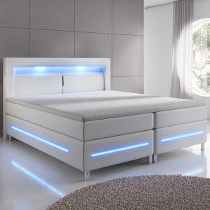 Juskys Pružinová postel Norfolk 180 x 200 cm bílá - LED pásy a pružinové jádro matrace