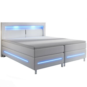 Juskys Pružinová postel Norfolk 180 x 200 cm bílá - LED pásy a pružinové jádro matrace